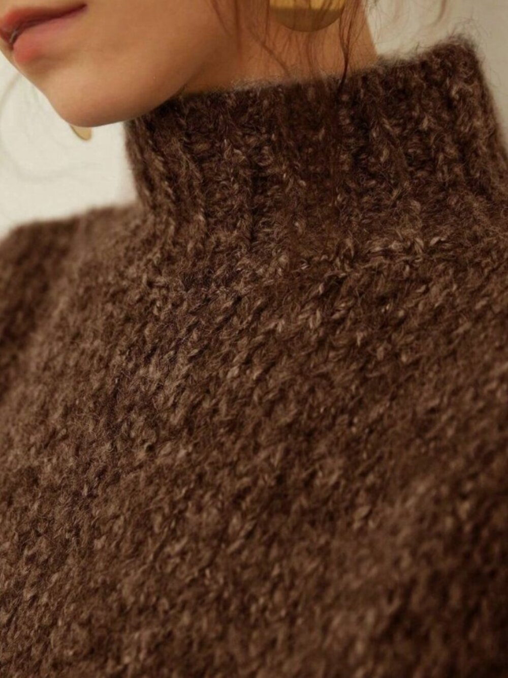 Women's Brown Fuzzy Knit Mock Neck Sweater Loose Long Sleeve French Chic - Picture 5 of 6